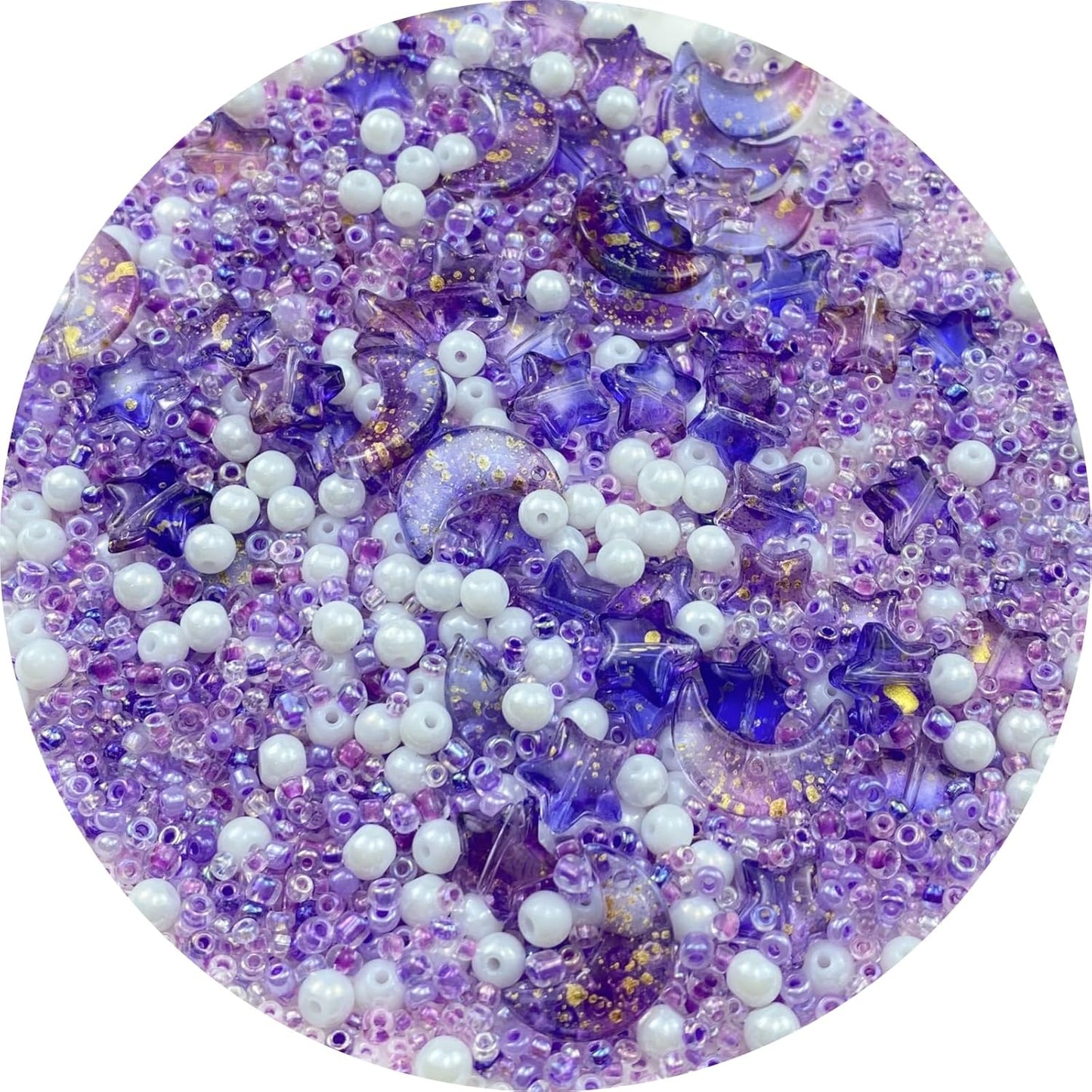 Assorted Glass Beads for Jewelry Making Multi Size Colors Glass Star Moon Seed Pearl Spacer Beads for Bracelets Necklace Earring Making(White Light Purple)