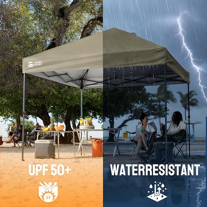 CROWN SHADES 10x10 Pop Up Canopy Tent - Patented Center Lock One Push Instant Outdoor Canopy Beach Tent with STO-N-Go Bag 8 Stakes & 4 Sand Bags，Khaki