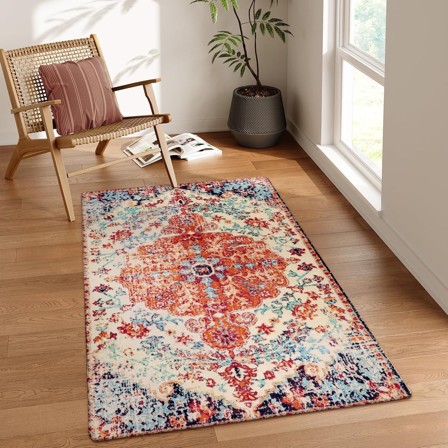 Lahome Bohemian Floral Medallion Area Rug - 3x5 Bedroom Rug Soft Throw Printed Bathroom Kitchen Entry Foyer Mat, Vintage Non-Slip Washable Carpet for Front Door Laundry Room Bath Office, Orange