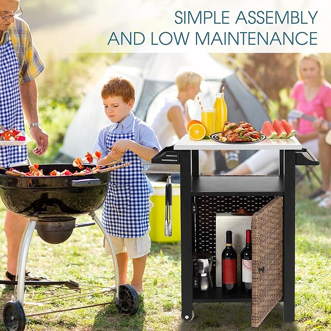 Grill Cart Outdoor with Wheels, Outdoor Prep Table with Wicker Storage and Rolling Wheels, Samll Kitchen Island Serving Cart with Stainless Steel Table Top for BBQ, Porch, Patio, Brown
