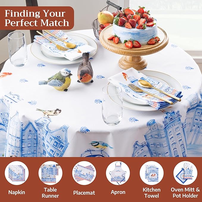 Maison d'Hermine Table Cloth Round Table 100% Cotton Tablecloth for Dining Room, Farmhouse, Home, Hotel, Parties & Wedding - Ideal for Easter Decorations Spring & Summer (Amsterdam Canals, 63" Round)