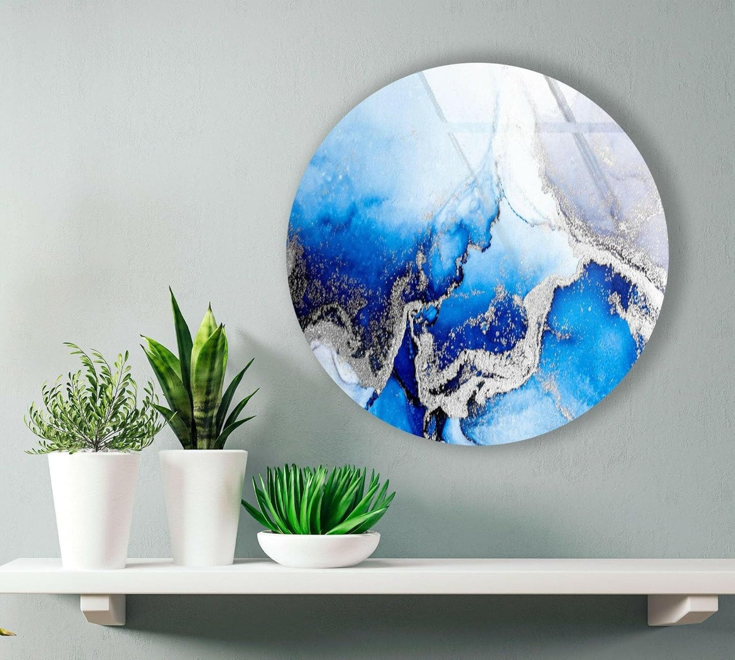 My Photostation.com 15.8''(40cm) Diameter Blue Marble Round with Silver Details Glass Wall Art Tempered Glass Printing Wall Decor Large Wall Art Wall Hangings