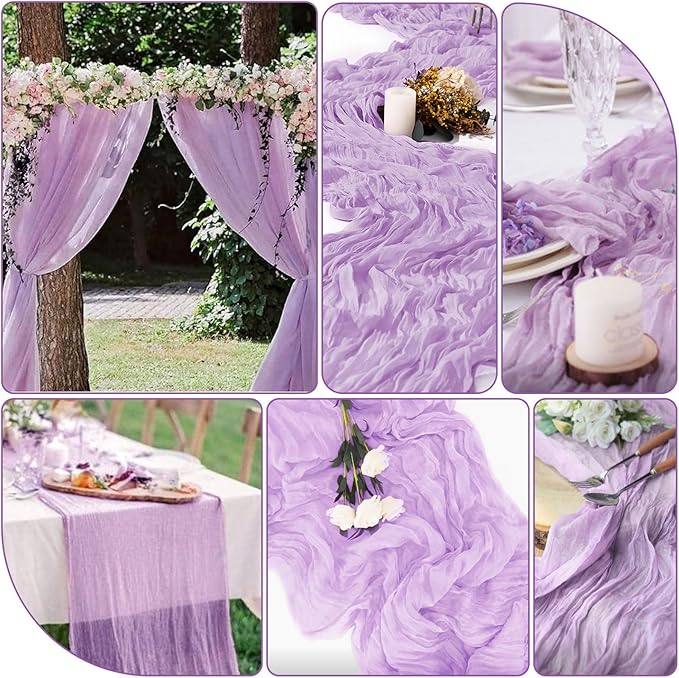 20 Packs Cheesecloth Table Runner 10FT Long Boho Gauze Fabric Table Runner Vintage Rustic Sheer Runners for Wedding Party Bridal Baby Shower Table Decorations (Lilac )