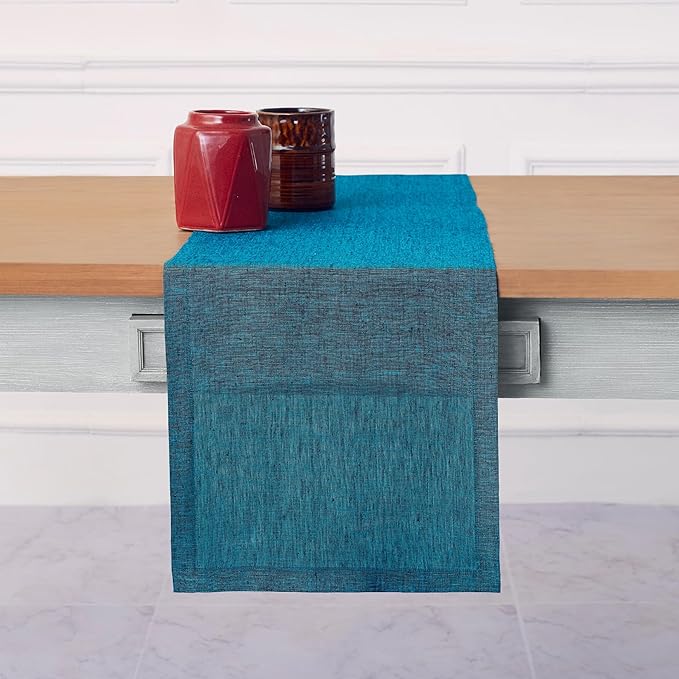Solino Home Linen Table Runner 36 Inches - 100% Pure Linen Chambray Teal Table Runner 14 x 36 Inch Ideal for Dresser and Coffee Tables - Athena - Spring, Easter, St Patricks Day
