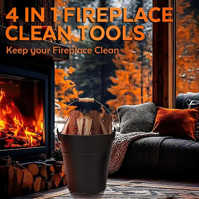 3.5 Gallon Ash Bucket with Lid and Shovel, Metal Fireplace Ash Bucket with Broom, Complete Fireplace Tools Set for Wood Stove and Fireplace
