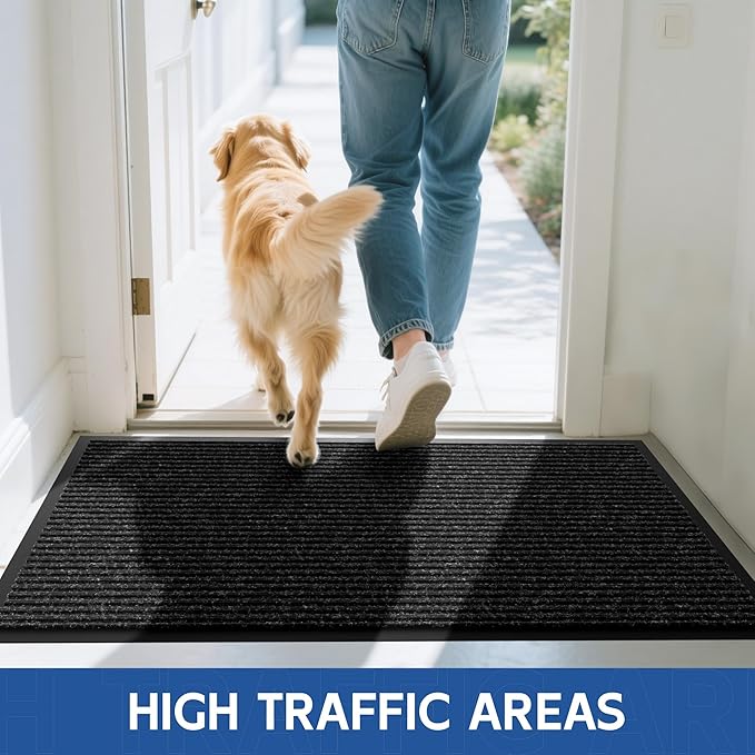 Front Door Mat, 6' x 2' Heavy Duty Indoor Outdoor Door Mat Entrance, Commercial Welcome Mats, Stain and Fade Resistant, Durable Rubber Backing, Low Profile Entry Mat for Patio, Black Stripe