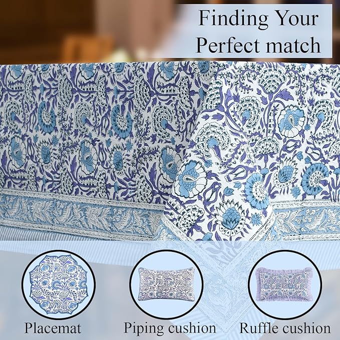 CPC Tablecloth 100% Cotton 72x160 Inch Indian Block Print Rectangle Table Cover, Blue Table Cloth for Weddings, Spring/Summer, Barbeque - Indigo Blue