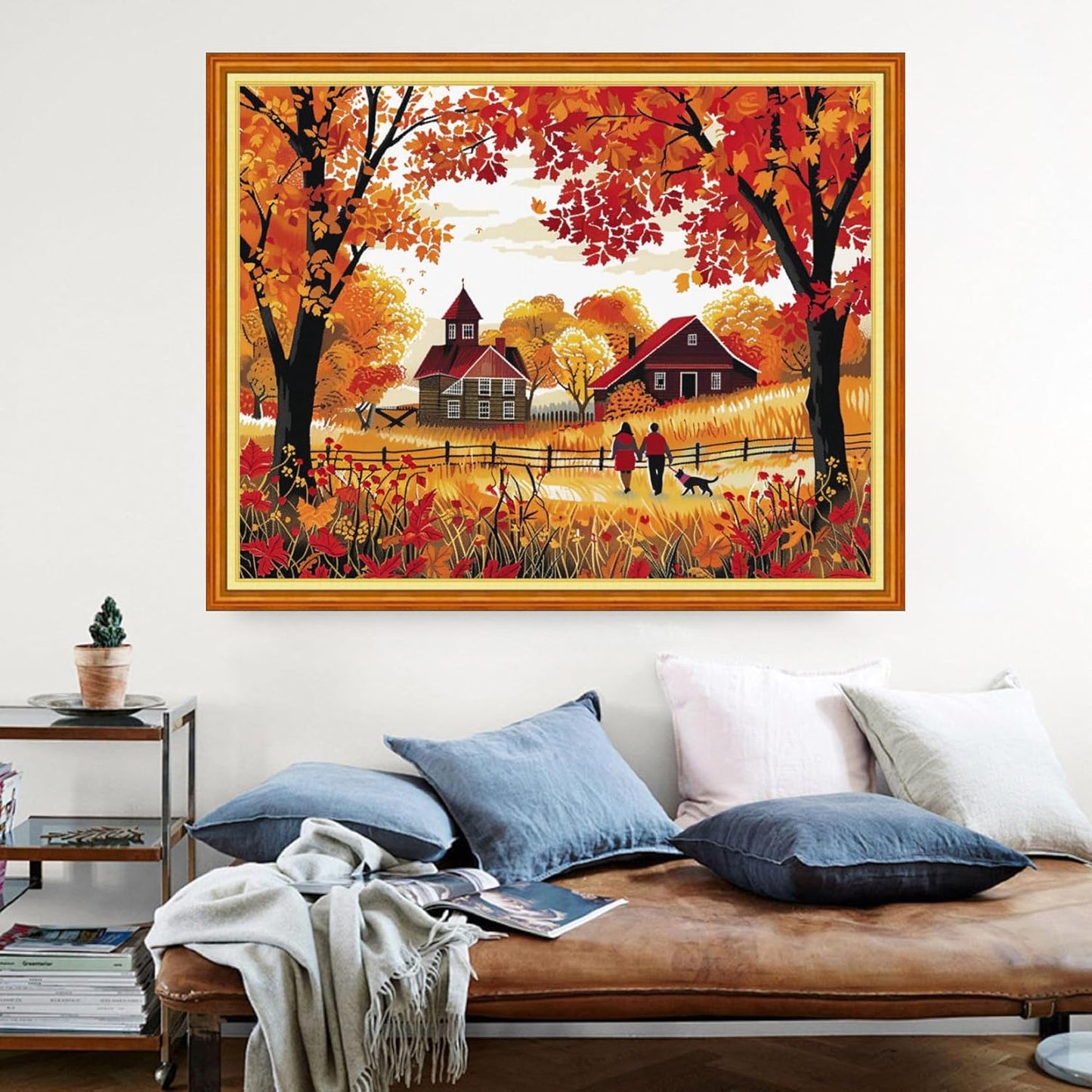 Dimensean Stamped Cross Stitch Kits Full Range of Embroidery Patterns Starter Kits for Beginners Adult or Kids DIY Cross Stitches Needlepoint Kits 11CT- Golden Autumn Strolling 16x20 inch