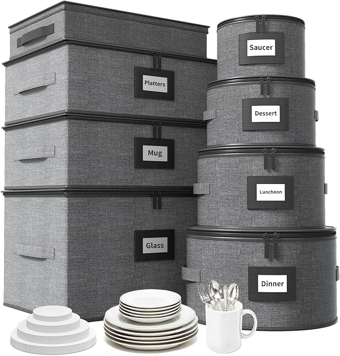 Aokeyee China Storage Containers Hard Shell 8 Piece, Mug, Wine Glass, Utensils, Plate Storage Containers w/Lid, Soft Dividers Felt Pads, Handles, Stackable Storage Organizer for Moving, Party, Grey