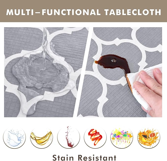 Nasitos 2 Pack Plastic Vinyl Tablecloth with Flannel Backed 60x102 Inch Moroccan Grey