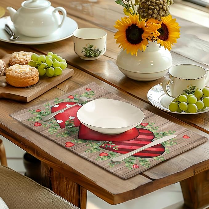 Valentines Day Wooden Plank Placemats Set of 4, 12x18 Inch Valentine Eucalyptus Leaves Heart Dining Table Placemats Wedding Washable Heat Resistance Place Mats for Party Kitchen Dining Decor
