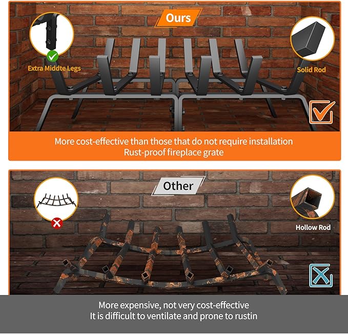 Heavy Duty 24Inch Fireplace Grate, Solid Steel Log Rack for Wood Burning, Extra Wide Firewood Grates for Indoor Fireplace & Outdoor Fire Pit, Wood Stove Grate