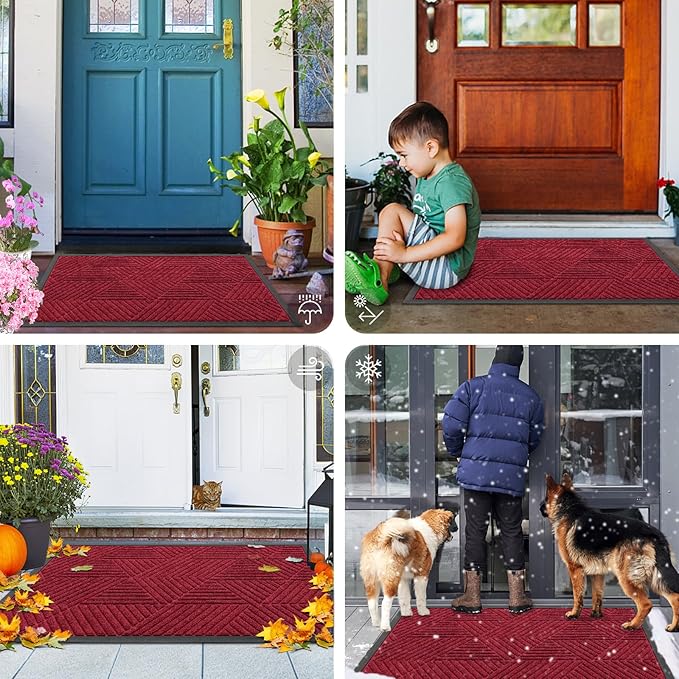 Smiry Front Door Mat Outside Entrance, Heavy Duty Sturdy Natural Rubber Doormat, Trap Dirt and Moisture, Easy Clean Low Profile Mats for Indoor Outdoor Entry, Irregular Triangle (36x24, Wine Red)