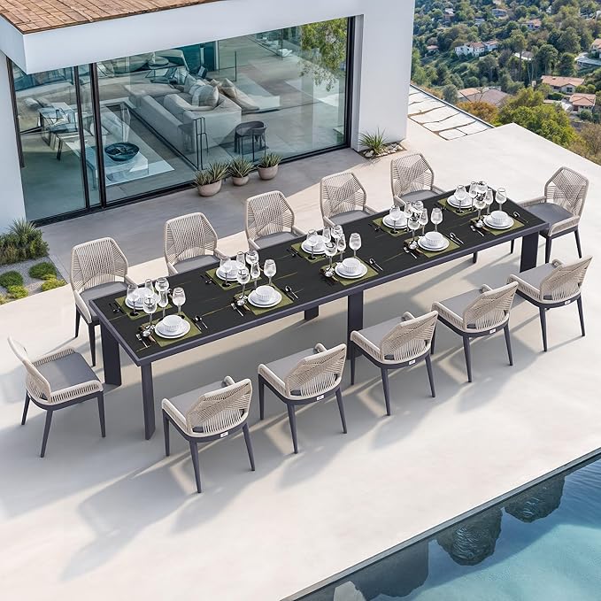 PURPLE LEAF 13 Pieces Patio Dining Set Aluminum Rectangular Table and Wicker Chairs with Cushions for Kitchen Porch Garden Modern Outdoor Furniture Sets, Dark Grey