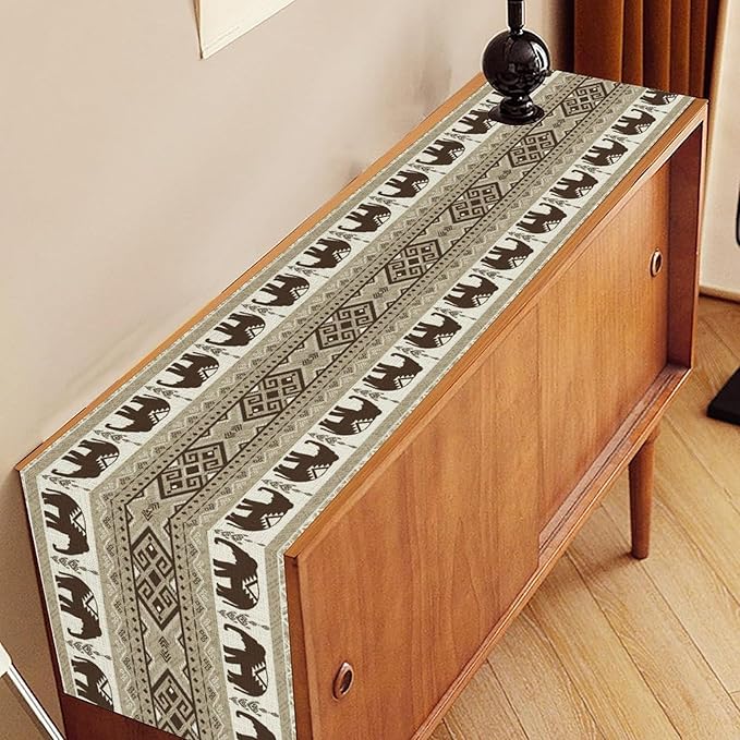African Tribal Table Runner, Rustic Boho Elephants Diwali India Aztec Bohemian Animal Brown Ethnic Folk Coffee Table Center Decor for Home Kitchen Holiday Party Outdoor Table Decorations, 13"x36"