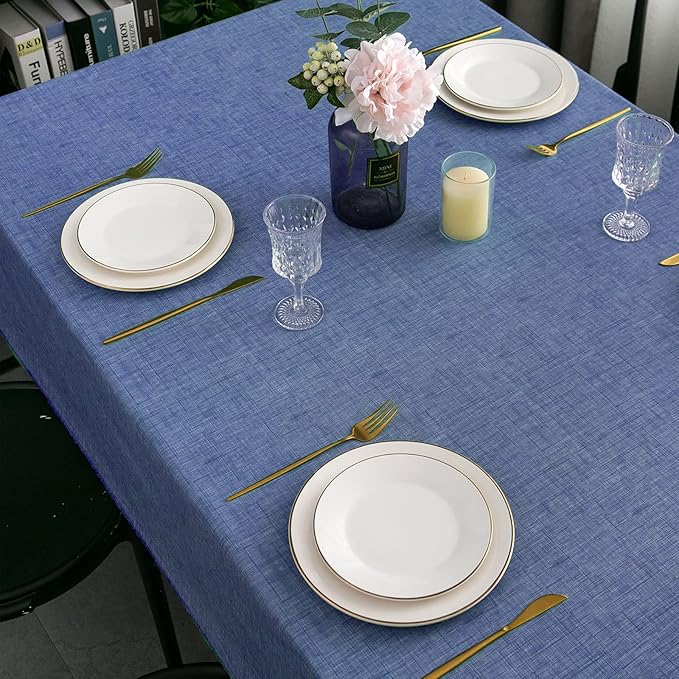 LIBERECOO Vinyl Tablecloth with Flannel Backing, Denim Blue, Waterproof, Stain-Resistant, Easy-Clean Table Cover for Dining, Kitchen, and Outdoor Use, 60" x 60" Square