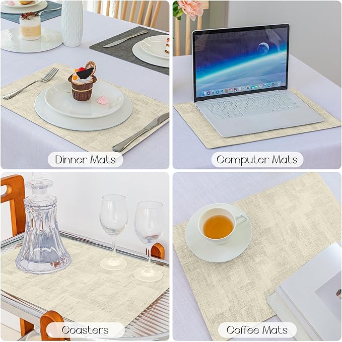 Romanstile Reversible Vinyl Placemats Set of 4, Faux Leather 100% Waterproof Oil-Proof Wipeable Place Mats, Heat Resistant Dual Sided Table Mats for Kitchen/Dining/Party (Grey Beige, 12 x 17 Inch)