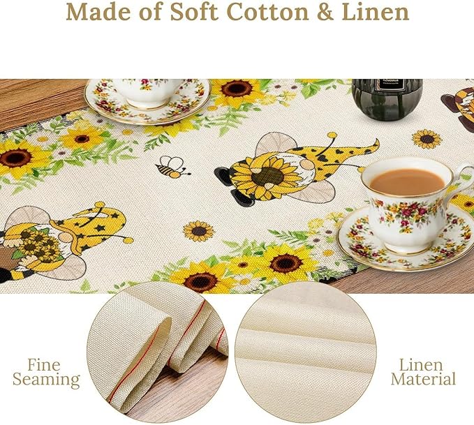 Summer Sunflower Gnome Table Runner, Buffalo Plaid Bee Farmhouse Seasonal Table Decoration for Outdoor Home Party Kitchen Dining Holiday 13x60in
