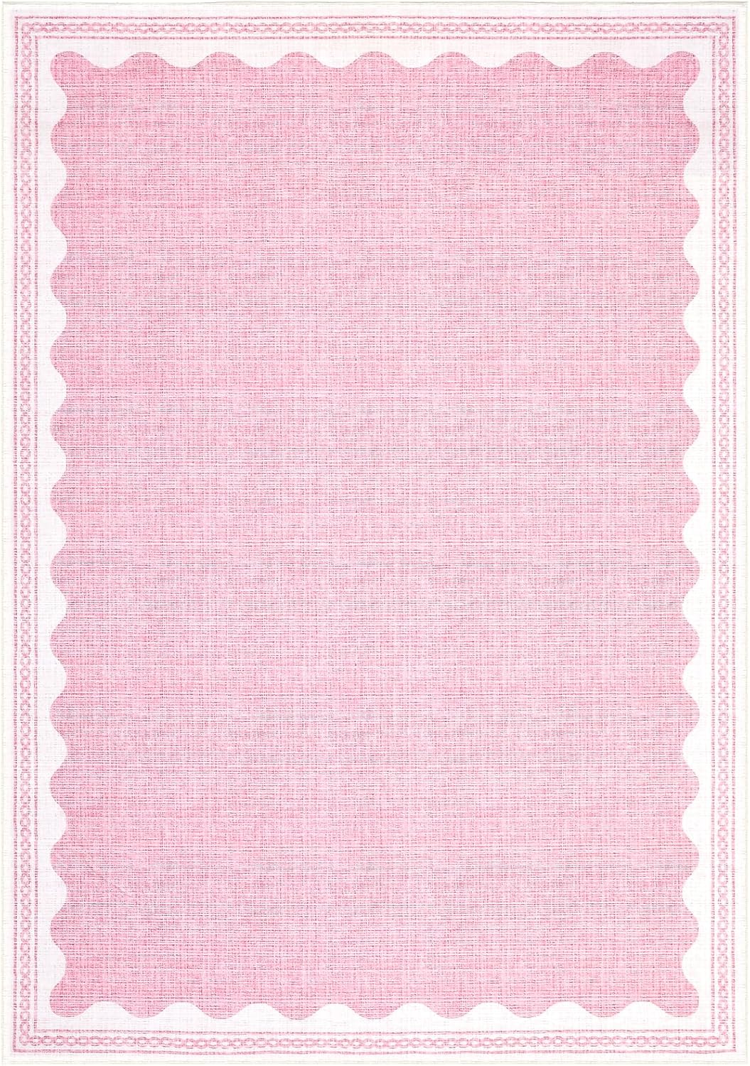 Scalloped 3x5 Rugs for Entryway, Small Area Rug Solid Pink Rug for Bedroom Girls, 3x5 Washable Rugs for Living Room, Non Slip Scalloped Bath Mat, Soft Dorm Nursery Carpet for Bedside