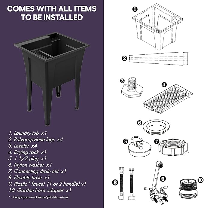 Freestanding Utility Sink with One Handle Black Faucet - 24" Plastic Utility Sink for Garage, Laundry, Indoor and Oudoor Use - Laundry Tub Kit by Noah William Home - Black (19.5 gal)