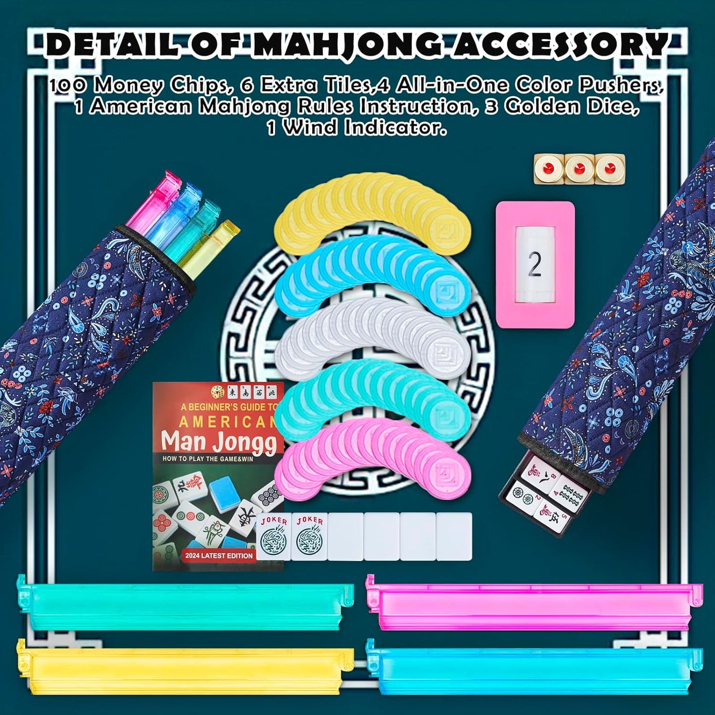 New American Mahjong Game Set, 166 Premium White Tiles with Portable Metal Dices, 4 All-in-One Racks with Pushers, Mah-Jong Games Sets, Ma Jong Tile Game (Blue)