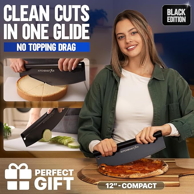 KitchenStar 12-Inch Pizza Cutter Rocker Blade - Sharp Stainless Steel Slicer Knife, Protective Cover, Black Nonstick, Small - Professional Pizza Oven Accessories