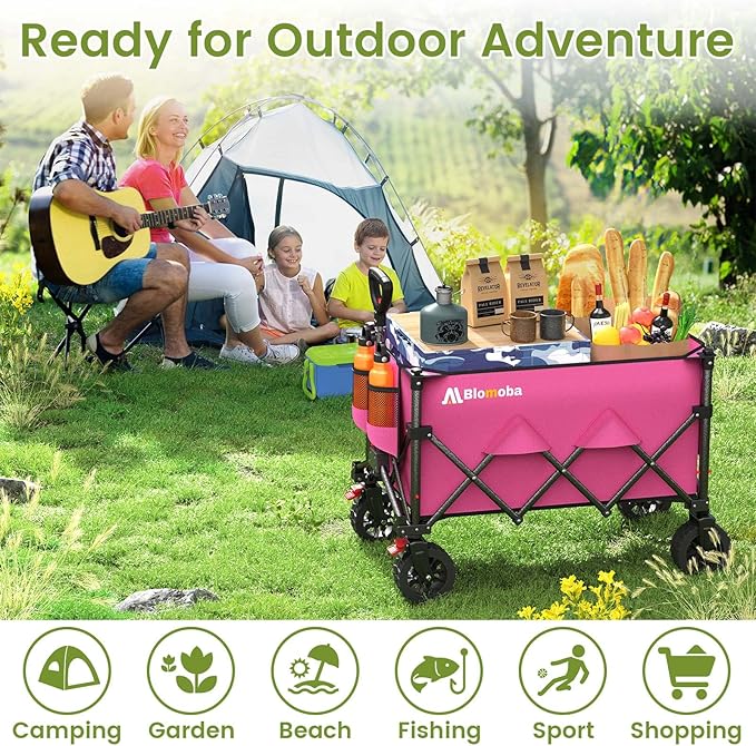 Collapsible Wagon Cart, 150L Heavy Duty Foldable Beach Wagon with Wider Wheels & Auto-Rebound Handle, Utility Grocery Shopping Cart for Garden, Shopping, Camping, Sports, Pink