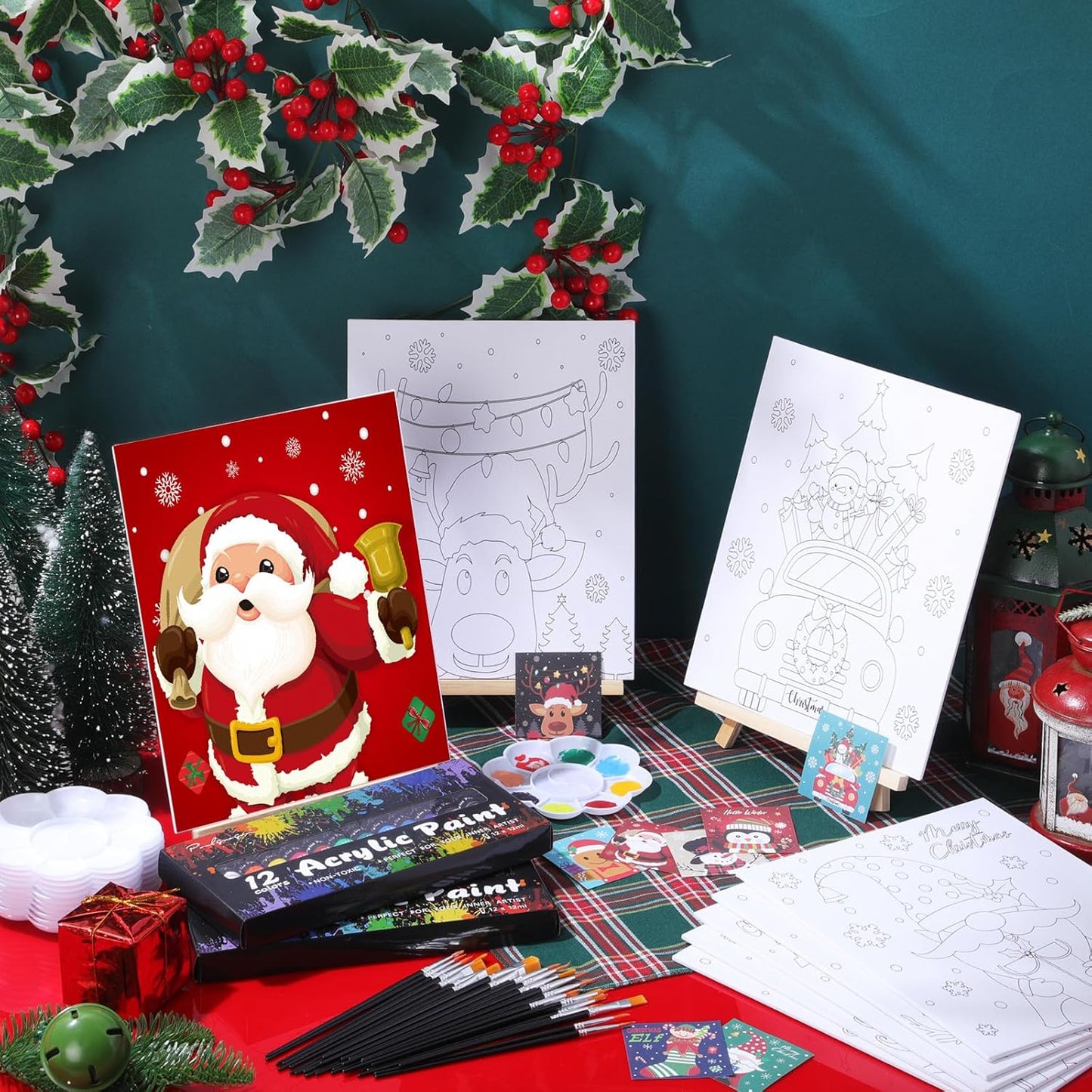 Cholemy 36 Pcs Paint and Sip Kit for Adults 8''x10'' Pre Drawn Canvas for Painting DIY Afro Acrylic Painting Kit Wood Easel Brushes Date Night Bulk for Christmas Party Gifts(Christmas B)