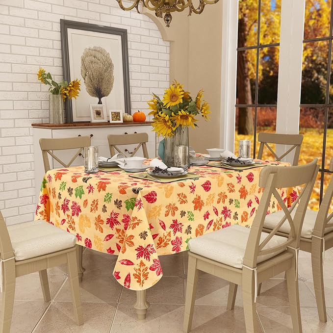 misaya Rectangle Waterproof Vinyl Table Cloth, Wipeable Tablecloth with Flannel Backing, Plastic Table Cover for Fall, Thanksgiving (Colored Leaves, 60" x 84")