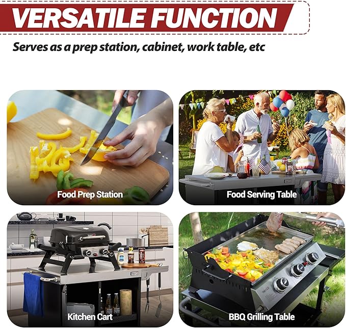 Royal Gourmet PC3201S Movable Grill Cart, 43" L x 24" W Stainless Steel Countertop, Storage Cabinet with Single-Door, Foldable Side Shelf, Tool Hooks & Inner Shelves, for Indoor & Outdoor Use, Black
