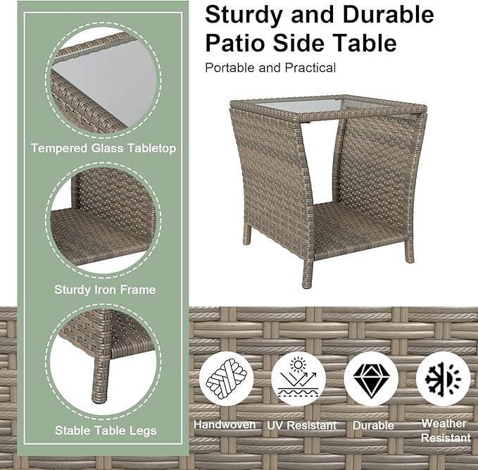 kinbor Small Patio Table - Tempered Glass Top Small Outdoor Wicker Side Table with Storage Shelf for Patio, Balcony & Porch, Durable PE Rattan & Iron Frame