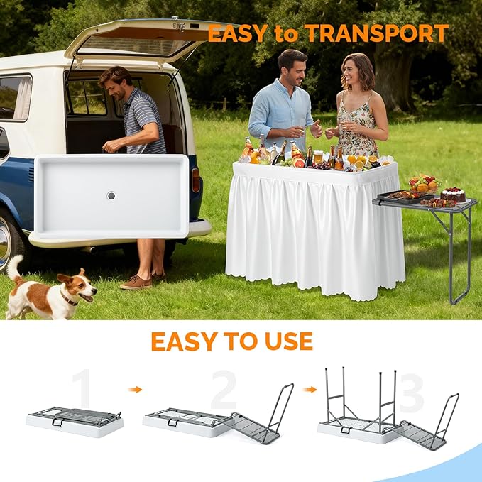 VINGLI Ice Table with Side Table, Portasble Cooler Table with Removable Skirt, Patio Table, Indoor & Outdoor Bar for Events, Parties and Camping White