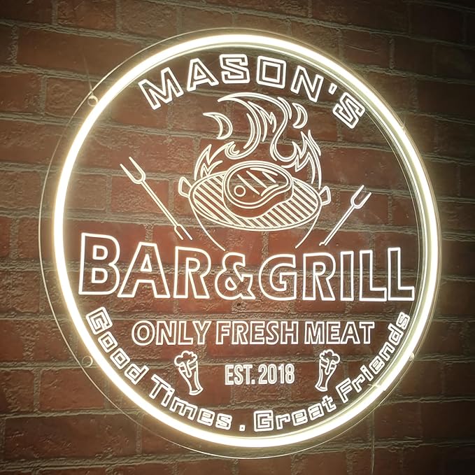 Personalized Bar Grill Neon Signs,Custom Bar BBQ Grill LED Sign, Barbeque Dad's BBQ Grilling Light Up Sign for Backyard,Garden Yard,Porch, Deck, Patio Decor, Housewarming Gift