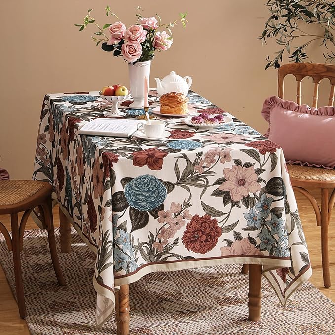 French Linen Tablecloth for Rectangle Table,Red and Blue Floral Durable Extra Long Tablecloths,Home Decor Table Cover for Kitchen,Dining,Thanksgiving,Farmhouse,67" × 118"-Burgundyred