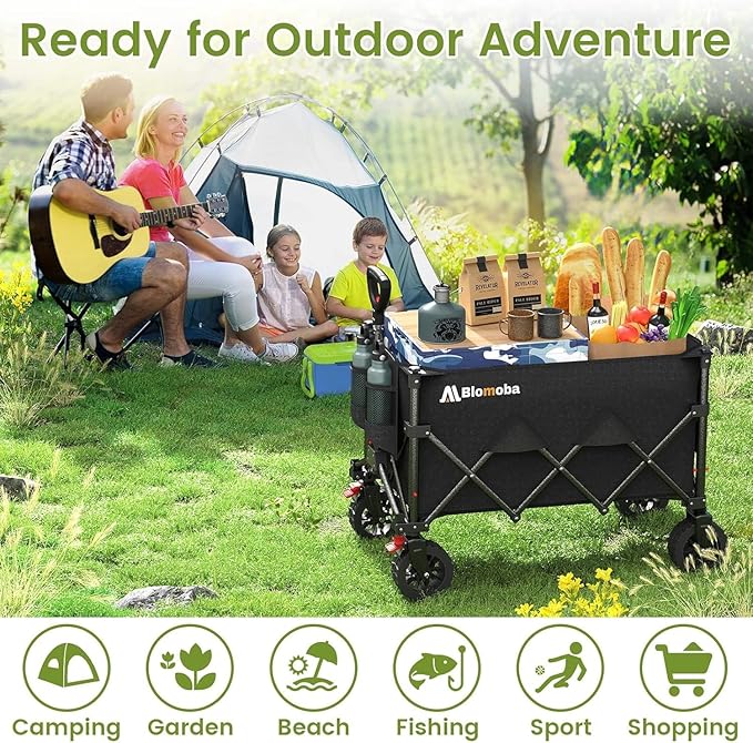 Collapsible Wagon Cart, 150L Heavy Duty Foldable Beach Wagon with Wider Wheels & Auto-Rebound Handle, Utility Grocery Shopping Cart for Garden, Shopping, Camping, Sports, Black