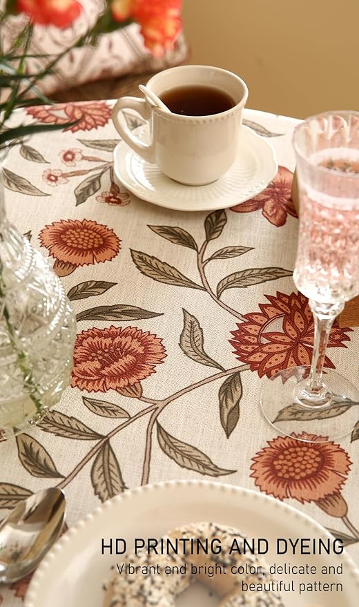 ISAENNE Designer French Round Tablecloth,Linen Orange Floral Pattern Indoor Table Cloth,Wrinkle Resistant Decor Table Cloth for Dining Thanksgiving Kitchen Party,Diameter 67"-Alvarado D