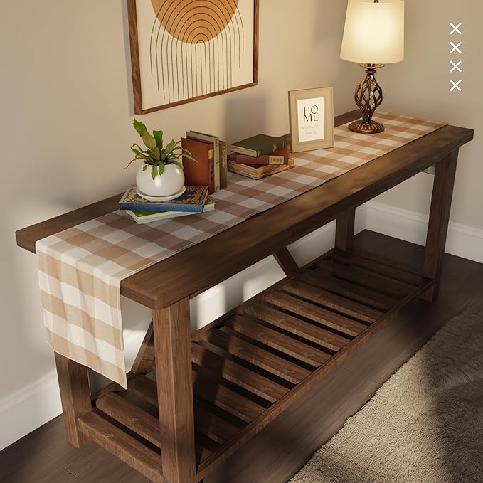 Encasa XO Cotton Dining Table Runner | Buffalo Beige Checks | Size 13x72 in - Machine Washable & Durable
