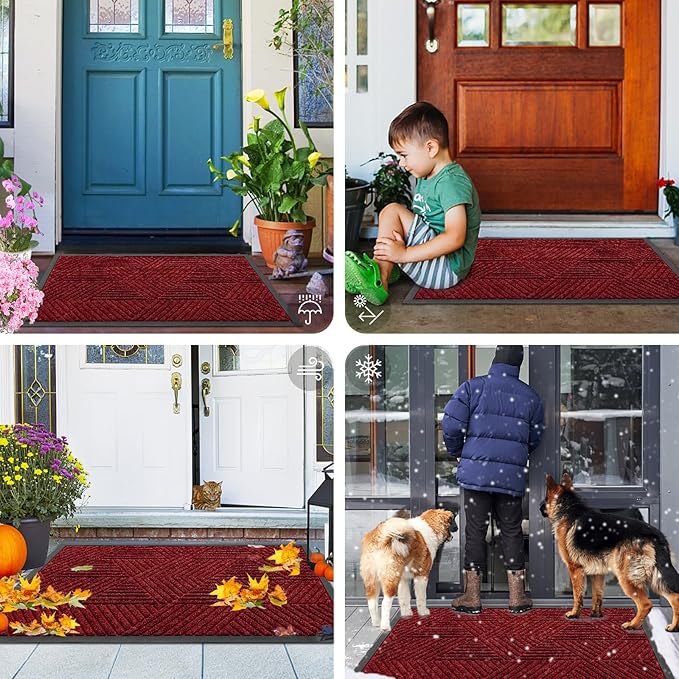 Smiry Front Door Mat Outside Entrance, Heavy Duty Sturdy Natural Rubber Doormat, Trap Dirt and Moisture, Easy Clean Low Profile Mats for Indoor Outdoor Entry, Irregular Triangle (36x24, Deep Red)