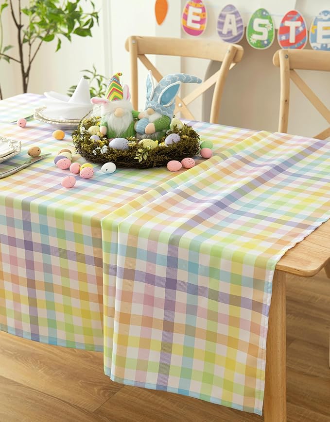 Gingham Easter Tablecloth Fabric - Colorful Oblong 58x120 Water Resistant Farmhouse Plaid Table Cloth for Indoor/Outdoor Use - Easter Gifts Perfect for Birthday, Picnics, Gardens