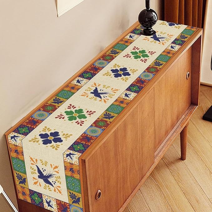 Mexican Table Runner, Orange Floral Birds Mexico Talavera Ceramic Dia De Los Muertos Coffee Table Center Decor for Family Home Kitchen and Dining Farmhouse Indoor Outdoor Table Decorations, 13" X 36"