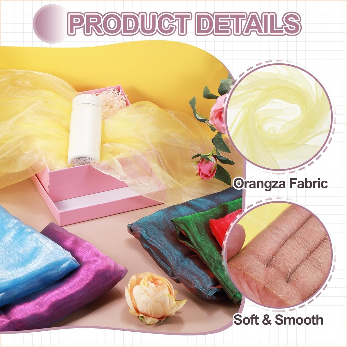 MECCANIXITY Iridescent Sheer Organza Fabric, 10 Yards x 59 Inches Solid Holographic Shiny Fabric Organza Cloth for Wedding, Curtains, Costume, Photo Background, Gradient Yellow