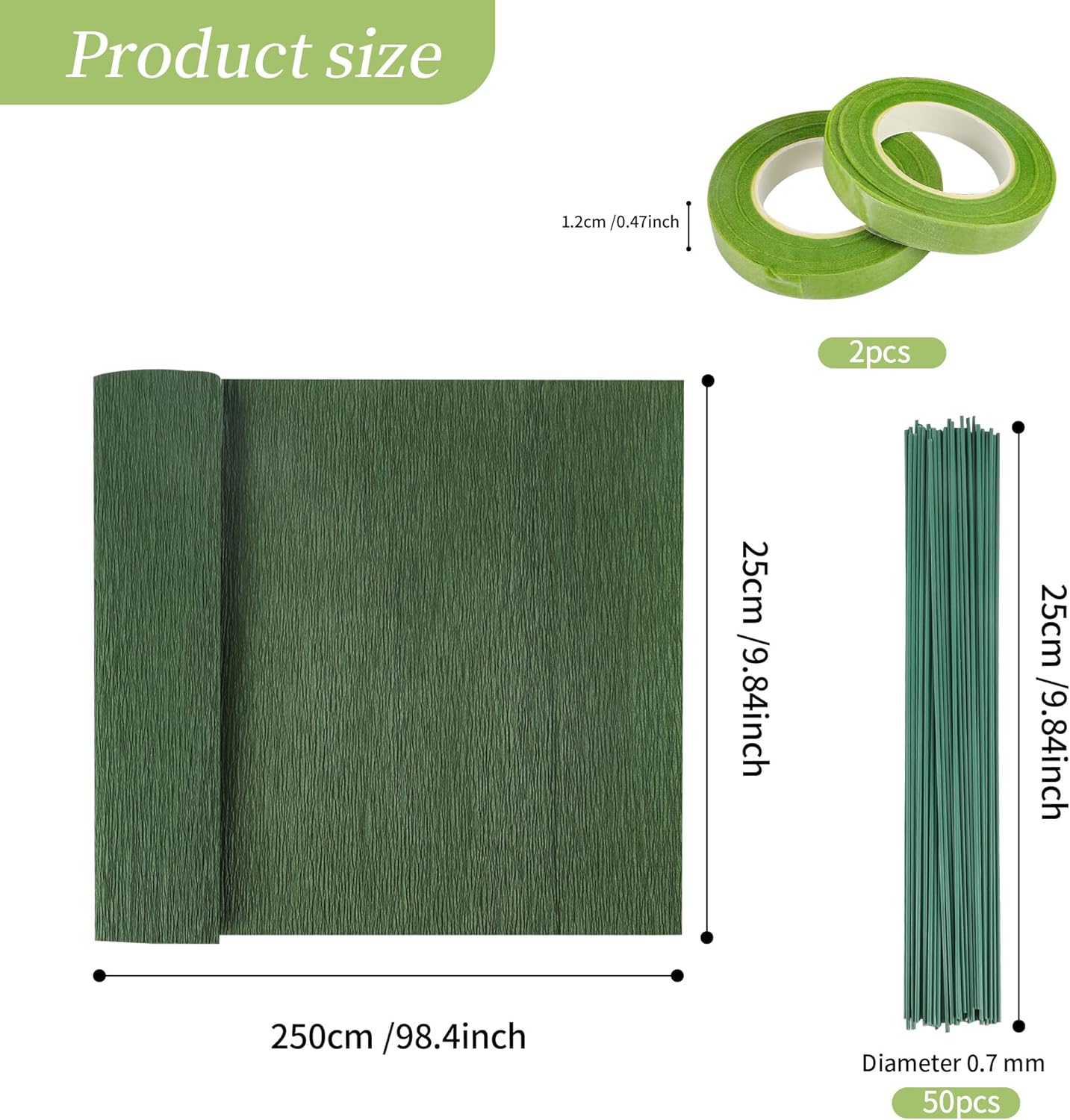 72Pcs Crepe Paper Flower DIY Kits, 20 Colors Crepe Paper Rolls 8.2ft Long 9.84 Inch Wide, 50 Pcs Green Floral Iron Wire and 2 Roll Green Tape for Birthday Parties Weddings Festival Decoration