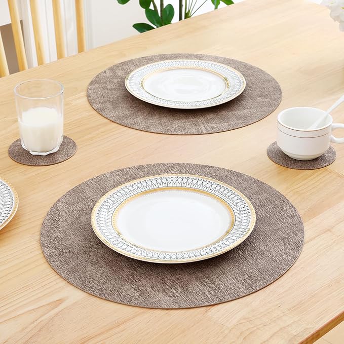 Homaxy Round Faux Leather Placemats and Coasters, Washable Dual-Side Table Mats, Wipeable Heat-Resistant Dining Place Mats for Outdoor and Indoor, Set of 6, Diameter 13 and 3.93 inch, Light Brown
