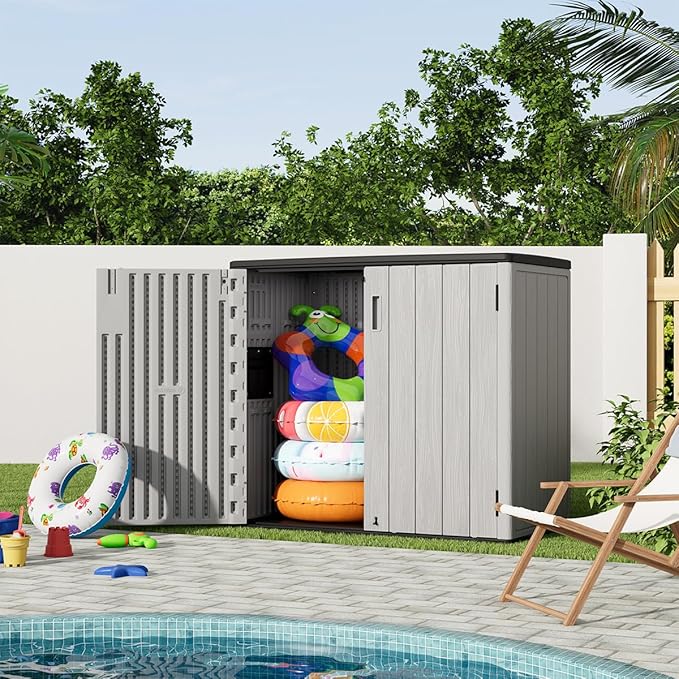 KINYING Outdoor Horizontal Storage Sheds,37 Cu.ft Outdoor Storage Cabinet Waterproof Resin Tool Storage Box for Lawn Mower,Garden Tools and Patio Furniture, Lockable (Grey)