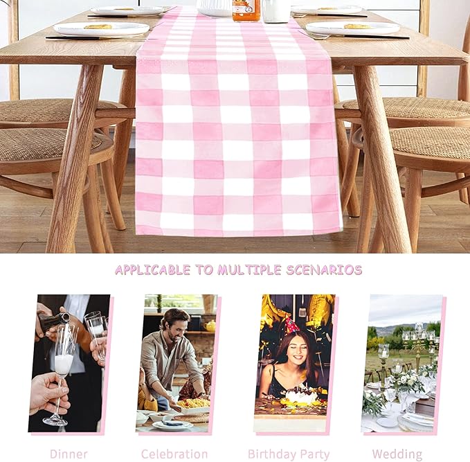 Fabric Checkered Table Runner 1 Pack Waterproof Gingham Table Runner 14W x 108L Buffalo Check Table Runners for Parties Kitchen Dining Wedding Banquet (Pink and White)