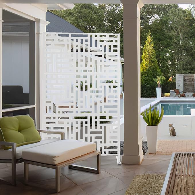 Elevens Free Decorative Privacy Screen with Stand, Outdoor Decor Privacy Fence Screen Metal Fence Panels, Outdoor Divider for Garden Patio Backyard, White-Block (A-GE04002)