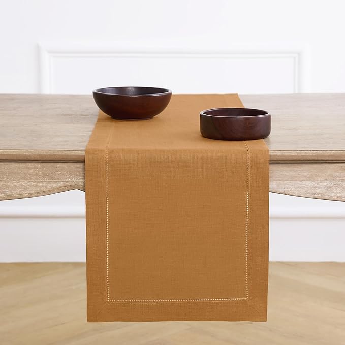 Solino Home Linen Brown Sugar Table Runner 108 Inches Long - 100% Pure Linen 14 x 108 Inch Table Runner - Classic Hemstitch