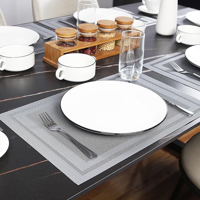 Placemats Set of 8,Washable,Heat and Stain Resistant Indoor/Outdoor Place mats,Vinyl Woven Non Slip Table Mats for Restaurant Table Protection,PVC Placemats(Gray,8PCS)