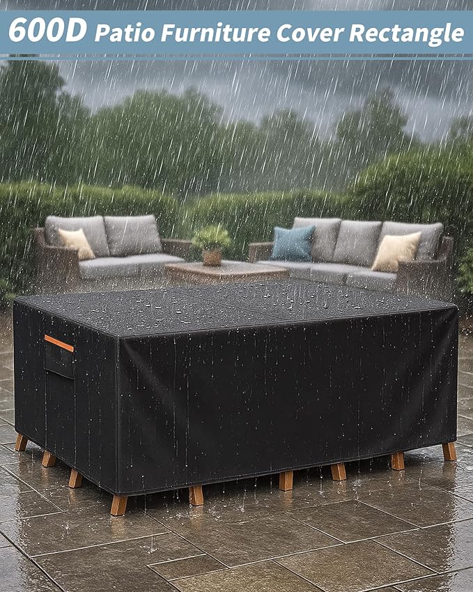 Outdoor Waterproof Furniture Cover, 76W x 54L x 28H inches Heavy Duty 600D Rectangular Table and Chair Set Protection, Black