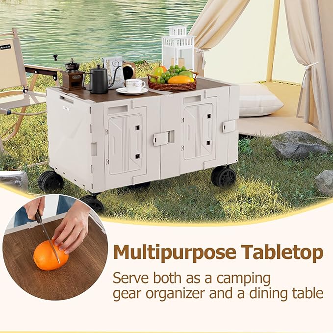 Goplus Large Foldable Utility Cart w/ 2-Tier Storage Crates, 5 Rotate Wheels, Metal Telescoping Handle, Portable Rolling Trolley Collapsible Cart for Grocery Shopping Camping & Travel
